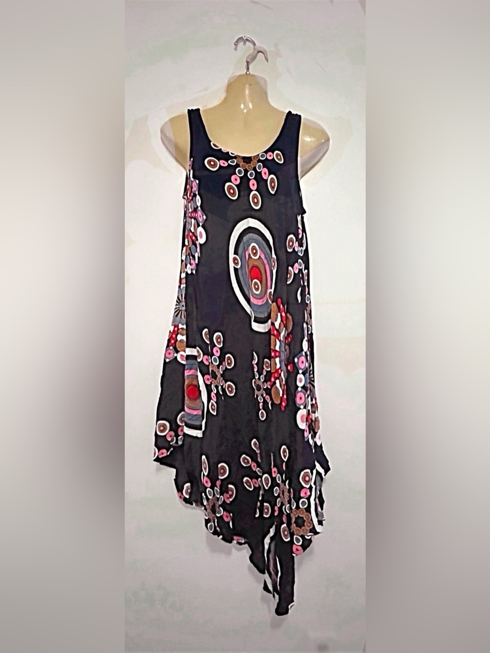 Dark Blue Printed Dress with Pink & Brown Accents